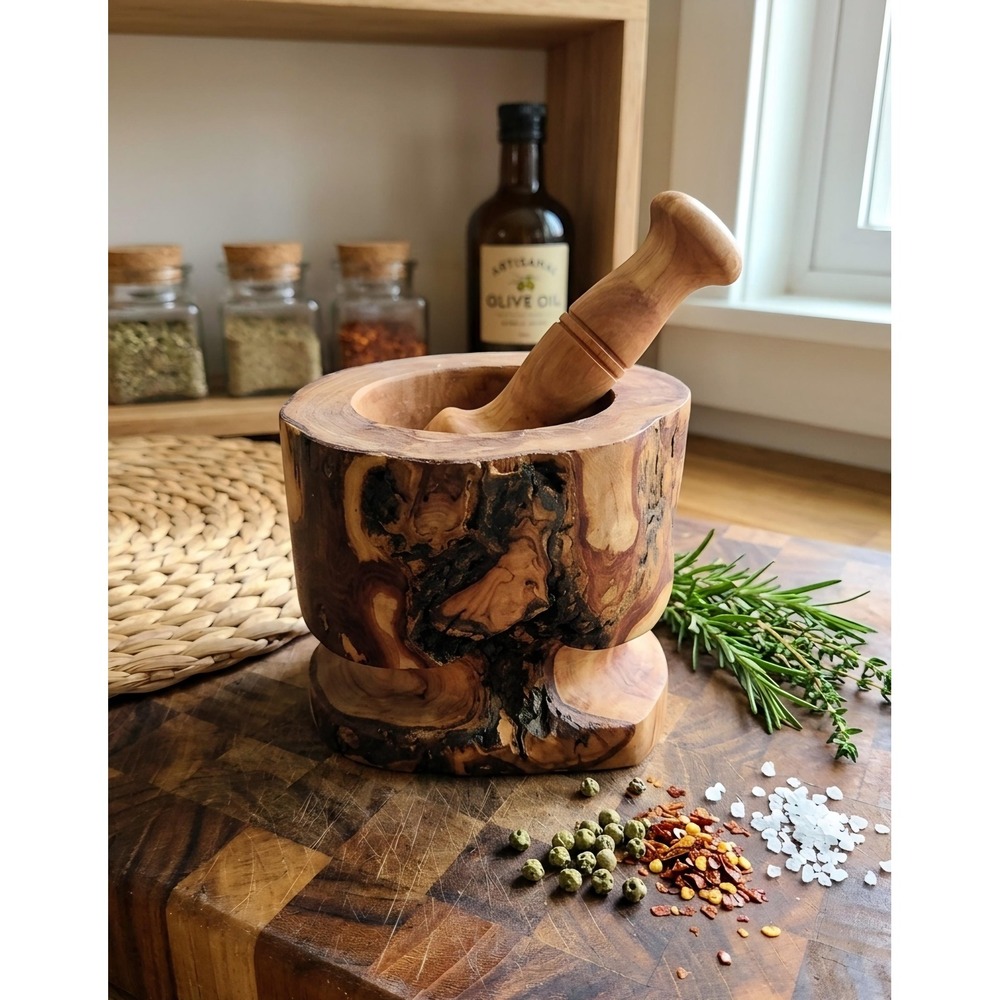 Handcrafted Olive Wood Mortar & Pestle | Live Edge Farmhouse Kitchen Decor